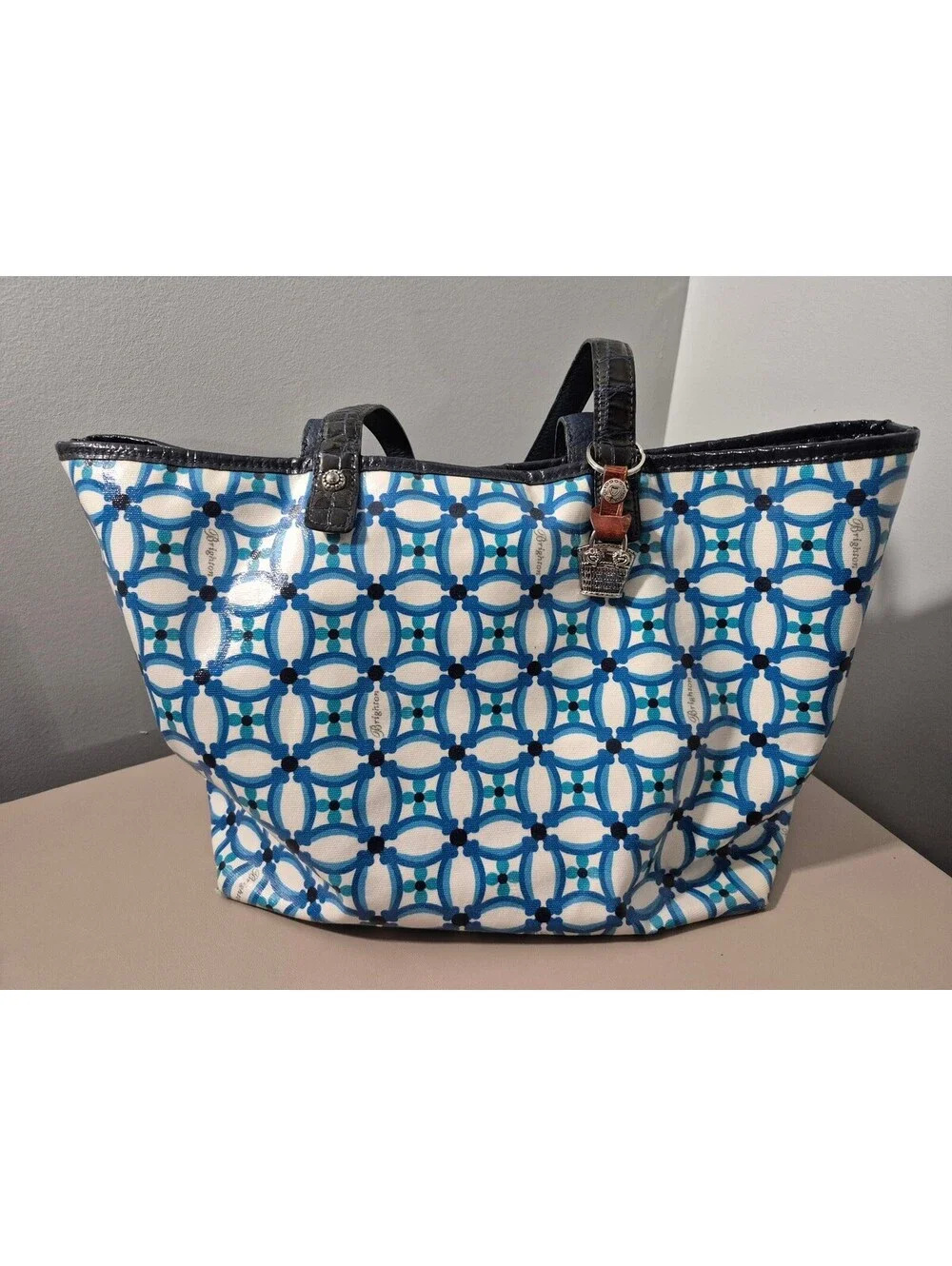 Brighton Araceli Carryall Tote Blue White Geometric Shoulder Bag